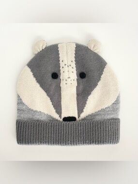 Mini Boden Kid’s Badger Animal Knit Beanie Hat Gray Whimsical Forest Friends